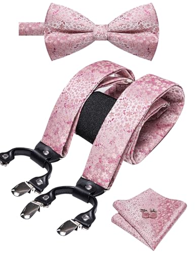 YOHOWA Pink Suspenders for Men Bow Tie Set Floral Suspender 6 Strong Clips Adjustable Y-Back Woven Brace Formal Wedding Party Tuxedo