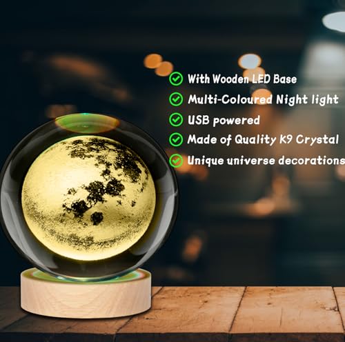 3D Moon Crystal Ball Night Light with Colorful LED - Kids Astronomy Decor