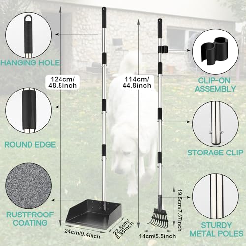 Bamda Hundekotschaufel, Dog Poop Scooper für Hundekot mit Verstellbarem Langem Griff, Kotschaufel aus Metall für Groß, mittel, klein Hunde, Sammle Kot, Reinige gefallene Blätter und Sedimente-2er Pack