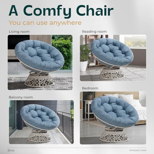 Image of Bme Ergonomic Wicker Papasan Chair with Soft Thick Density Fabric Cushion, High Capacity Steel Frame, 360 Degree Swivel for Living, Bedroom, Reading Room, Lounge, Serene Oasis - White Base