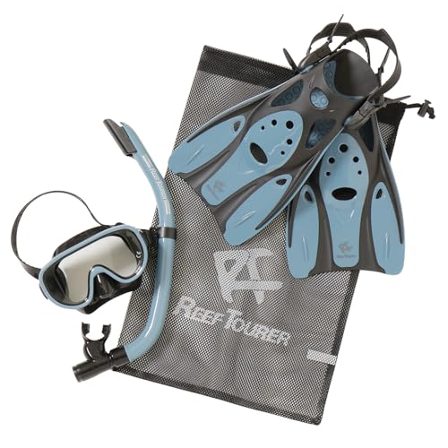 【Amazon.co.jp 限定】 リーフツアラー(REEFTOURER) メッシュバック付 シュノーケリング 3点セット 10歳～大人用 パノラマ広視界マスク＋波よけガード付きシュノーケル＋軽量コンパクトフィン ブラックスモークブルー Lサイズ RP0104Pのサムネイル