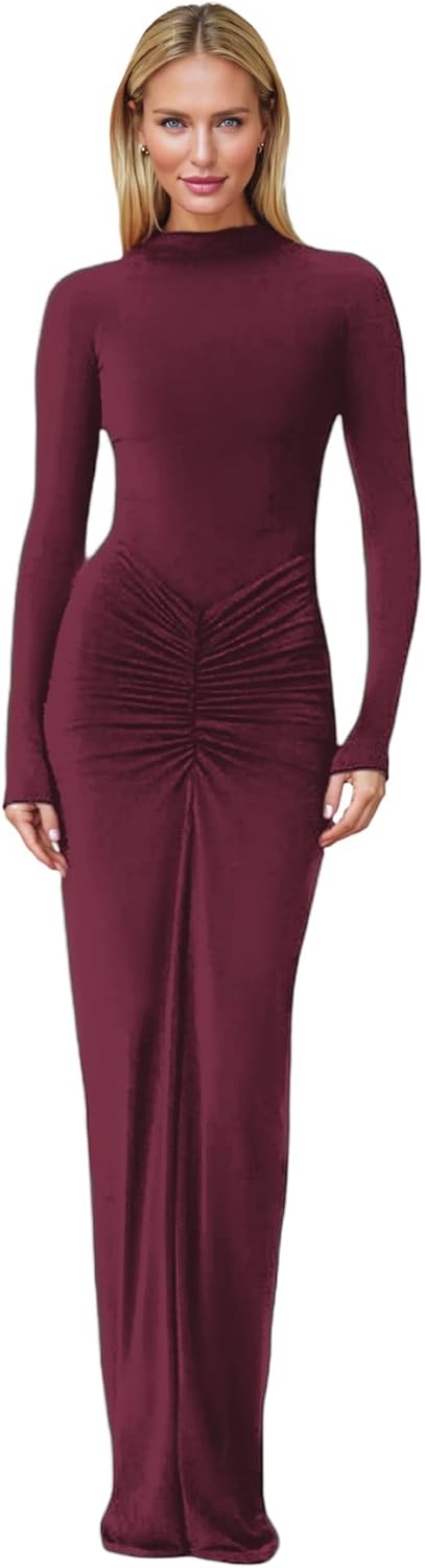 Women's Sexy Turtleneck Long Sleeve Maxi Dress Elegant Ruched Bodycon Long Dress Casual Party Dresses