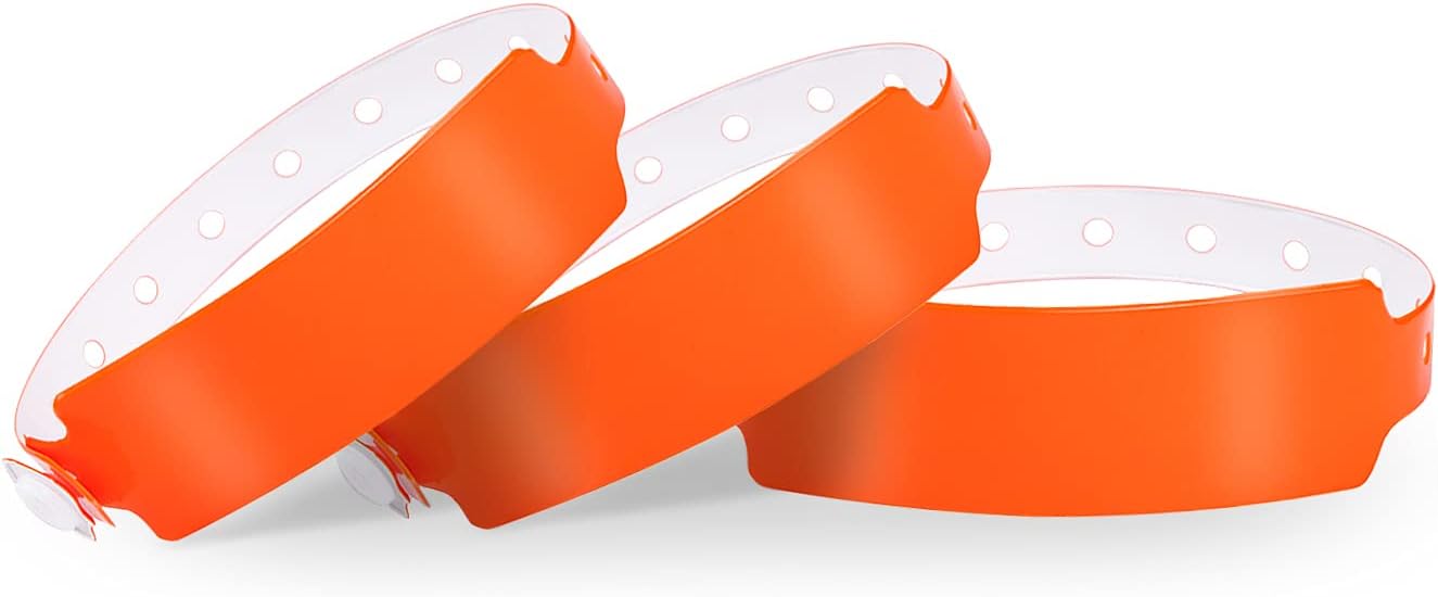 Neon Orange Plastic Wristbands 100 Pack - Colored Wristbands for Events, Vinyl Wrist Bands of Party Custom Plastic Bracelets Wristbands Waterproof Wrist Bands Arm Bands for Events Concerts