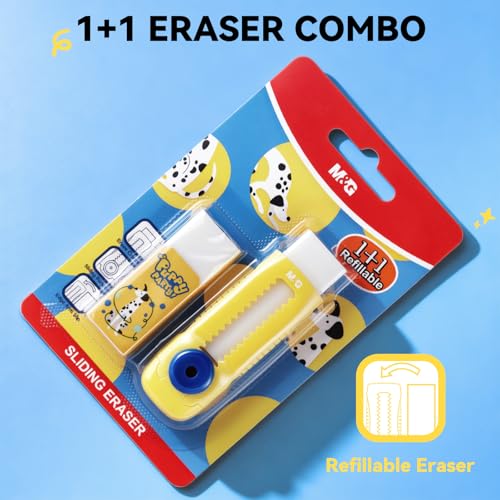 Image of M&G 1+1 Pack Yellow Sliding Retractable Cute Eraser Set, Refillable Soft Large Rubber Eraser with Sleeve for Kids Students School Office Supplies