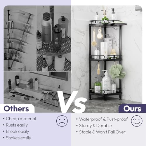 SWTYMIKI Corner Shower Caddy Standing - 3 Tier Rustproof Metal Shower Organizer Stand with Soap Holder and 4 Hooks, Freestanding Floor Shower Storage Stands for Bathroom, Black by SWTYMIKI - Used condition - Image 4