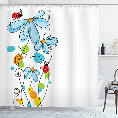 Ambesonne Ladybugs Shower Curtain, Flowers Oval Dome-Shaped Ladybugs Illustration Never Ending Love Story Luck, Cloth Fabric Bathroom Decor Set with Hooks, 84  Long Extra, Blue White