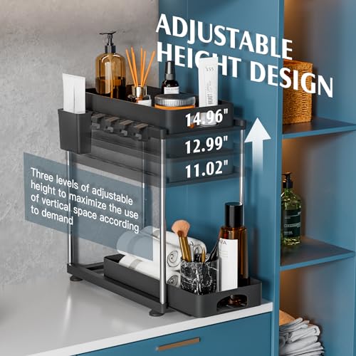 VERIFOST 2 Pack Under Sink Organizer, 2 Tier Under Sink Organizers and Storage for Kitchen Bathroom, Height Adjustable Cabinet Organizer with Two Slide-Out Drawers,Black by VERIFOST - Used condition - Image 4