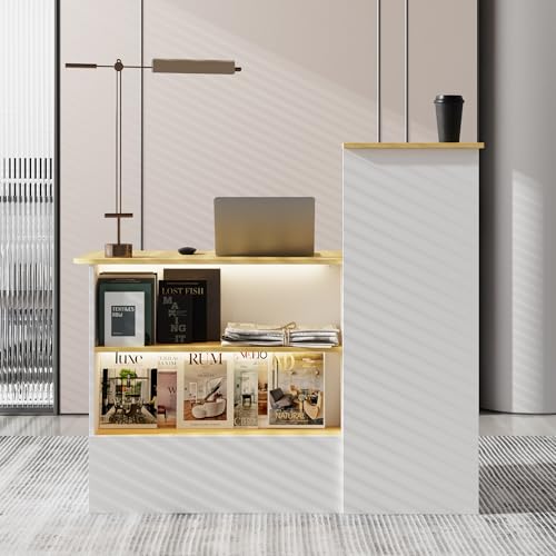 Banco reception con illuminazione a 3 colori: questo banco di ricezione bianco e legno naturale ha tre diverse modalità di illuminazione. La luce calda, la luce naturale e la luce fredda possono essere commutati a piacimento, in modo da poter scegliere l'impostazione preferita premendo un solo pulsante.