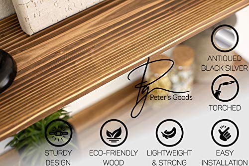 Peter's Goods 2-Tier Modern Rustic Floating Wall Shelves, Antiqued Silver - Wall Mounted Torched Cedar Wood Shelf - Use In Living Room, Office, Entryway, Bathroom & More - Modern Farmhouse Style Decor #TOP6