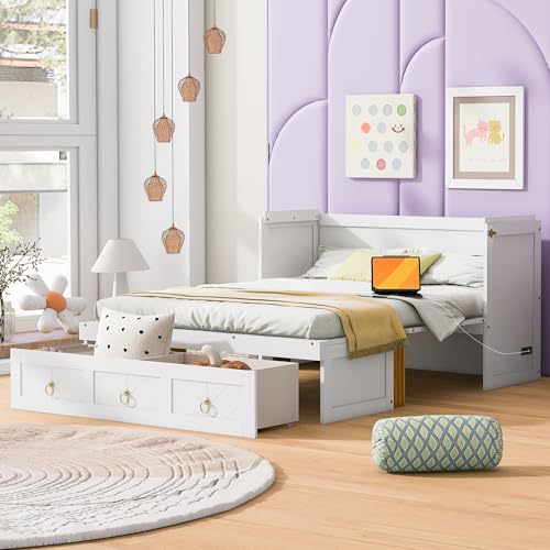 Harper & Bright Designs Queen Size Murphy Bed with USB Charging Station/Large Drawer, Wood Queen Size Bed Wall Bed with Storage, Cube Cabinet Bed for Home Office Guest Room Bedroom,White