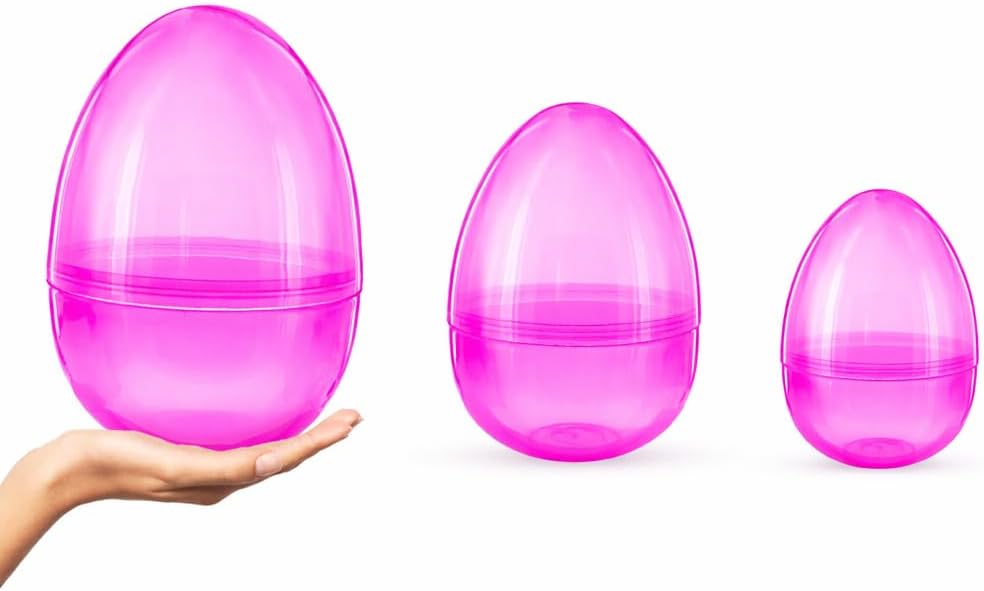 BestPysanky Set of 3 Giant Easter Eggs One Jumbo Size and Two Large Pink Plastic Eggs for Egg Hunt Party Favors Gifts Candy Toy 10 Inches