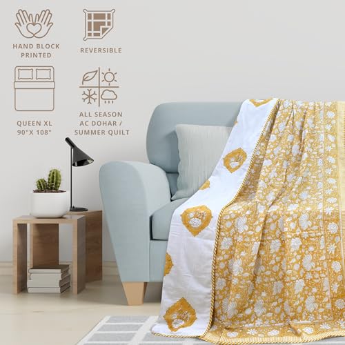 Image of TOAIArt Premium Jaipuri Dohar | AC Blanket Summer Quilt | Hand Block Printed | 3 Layers | Reversible | 150GSM 100% Mulmul Cotton| 100% Cotton Flannel Filling | Queen 90 inch X 108 inch|Light Mustard Kalamkari