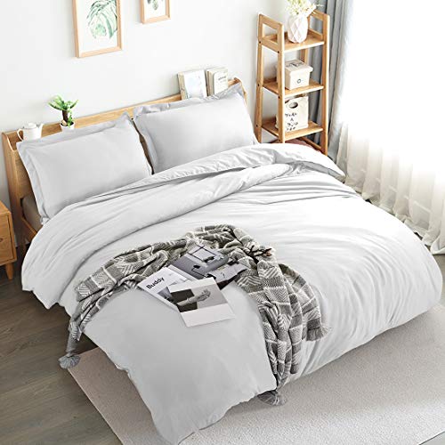 Edilly 3 Pieces Washed Duvet Cover Set White Queen Size Ultra Soft Double Brushed Microfiber Hotel Collection Luxurious Comforter Covers with Zipper Closure, 1 Duvet Cover and 2 Pillow Shams