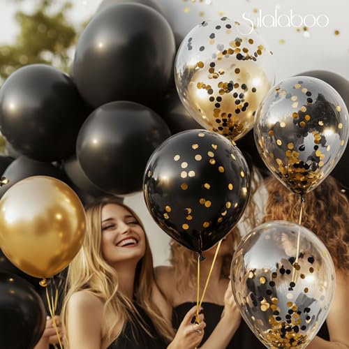 Image of Metallic Black and Gold Balloons 12 Inch 73PCS Gold Black Confetti Latex Balloons Shiny Helium Balloon Set for Birthday Party Anniversary Graduation Decorations
