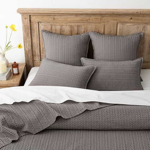 Image of Foindtower Set of 2 Decorative Cotton Waffle Weave Throw Pillow Covers Euro Shams Cushion Covers Accent European Pillowcase for Bed Couch Sofa Bedroom Living Room Home Decor 18x18 Inch Taupe Gray