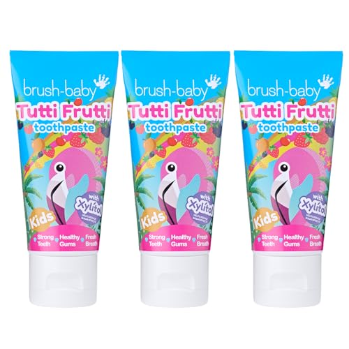 Brush-Baby - Tutti Frutti Kids Toothpaste 150ml (3 x 50ml Tubes) - for Ages 3+ - with Xylitol & Fluoride - Strong Teeth, Healthy Gums & Fresh Breath - Gentle Vegan Formula, Safe if Swallowed