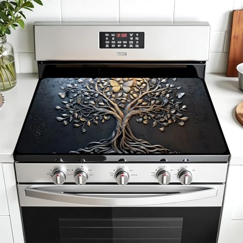 Image of Multi-Design Stove Top Cover for Glass /Electric Stoves - 3-in-1 Heat-Resistant Protector Mat, Non-Slip Drying Rack 28 inchx20 inch (Tree of Life - Black, 28 inch L x 20 inch W)
