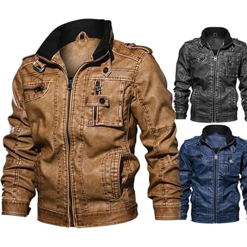 JEShifangjiusu Men's Vintage Military Style Faux Leather Jackets Stand Collar Motor Jacket Solid Leather Coat with Pockets4
