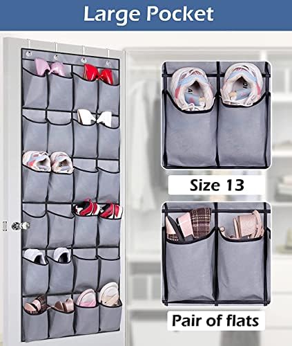 MISSLO Over Door Shoe Rack Hanging Shoe Storage Organiser Tidy Shoe Holder with Hanger 24 Large Fabric Pockets Organizer, Grey