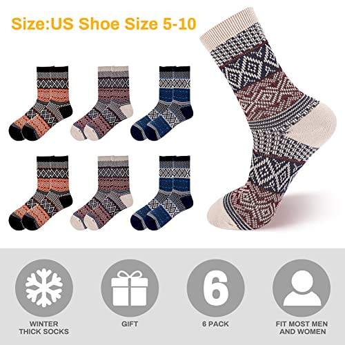 Luckit 6 Pairs Warm Wool Cotton Socks for Men and Women, Winter Nordic Cabin Socks Men, Unisex Knit Cozy Vintage Crew Socks4