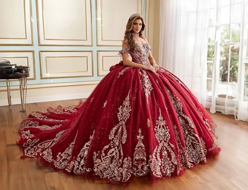 Gold Appliques Quinceanera Dresses Puffy Tulle Ball Gown Beaded Bow Sweet 16 Dresses with Tail Spaghetti Straps PM0022
