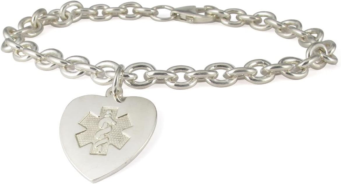 American Medical ID – Sterling Silver Heart Charm Embossed Medical ID Bracelet, for 5.5"- 8.5" wrist – 5 Lines of Free Engraving