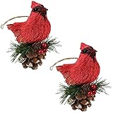 Nature Vibe Christmas Sisal Cardinal Birds Ornaments, Set of 2 Natural Red Bird for Christmas Tree...