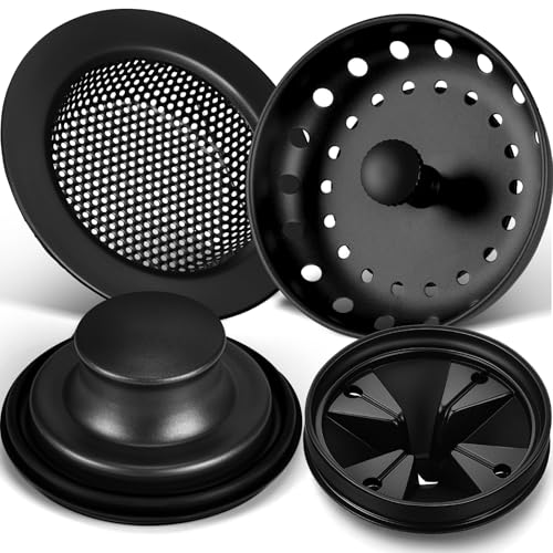 Yiyiring 4 Pcs Matte Black Kitchen Sink Accessories Garbage Disposal Splash Guards 3.4'' Sink Drain Strainer and Stopper Stainless Steel Garbage Disposal Plug for Kitchen Drain Strainer