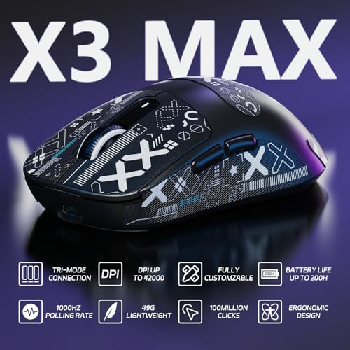 ATTACK SHARK X3MAX 49g SUPERLIGHT Mouse, PixArt PAW3950 Gaming Sensor, 6 Adjustable DPI Up to 420000, BT/2.4G Wireless/Wired Gaming Mouse, 100M Clicks Microswitches, for PC/Xbox/Mac, Black & Grip Tape