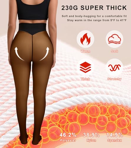 ciksob Fleece Lined Tights Women Winter Thermal Leggings Pantyhose Fake Translucent Hight Waist Thick Warm Sheer Stockings (Small, Dark Brown) - image 5
