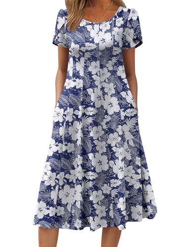 Zeagoo Robe Élégante Femme A‑Line Manches Courtes avec Poches Légère pour Printemps Été Imprimé Bleu Marine M
