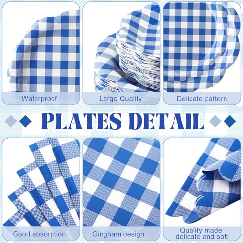 Image of Funnymoom 452 Pcs Blue Gingham Party Supplies for 50, Dark Blue and White Gingham Checkered Paper Plates Napkins Cups Tablecloth Cutlery Straws for Birthday Family Picnic Barbecue Party Decoration
