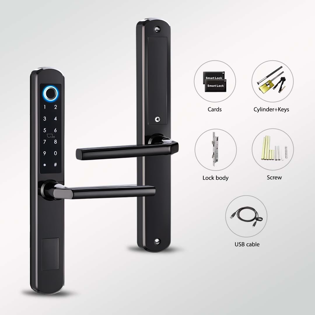 Cerradura de puerta corredera Wi-Fi: huella dactilar, control de aplicación Tuya, entrada sin llave, bloqueo automático, teclado/tarjeta IC, color negro