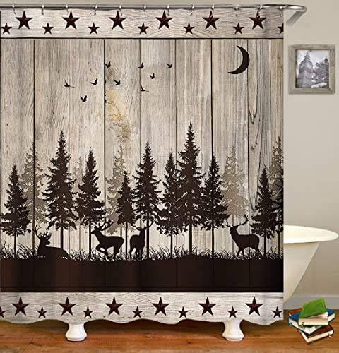 Jayden Madge 4Pcs Cabin Shower Curtain Set, Country Western Texas Star Pine Tree Woodland Black Deer Elk Moose Wildlife Animal Hunting Rustic Farmhouse Bathroom Decor, Non-Slip Bath Mat, Crescent Moon #TOP2