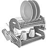 2 Tier Dish Drainer, by Home Basics (Grey) Dish Rack for Kitchen Counter, with Detachable Cutlery Holder and 6 Full Sized Glass or Cup Slots, Space-Saving Organizer