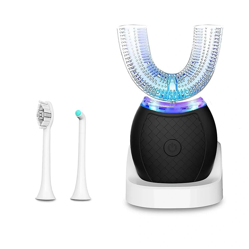 Ultrasonic U-Shaped Toothbrush for Teeth Whitening, Electric Toothbrush for Adults 360-degree Cleaning,3 Brush Heads, Wireless Charging and IPX7 Waterproof Kit for Travel or Home(Black)