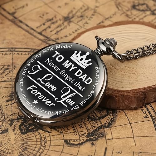 Image of Vintage Gandhi Style Pocket Watch with Engraved Designs & Messages Royal Black Analog for Men Women & Kids Includes Key Ring for car or Bike Keys Ideal Gift