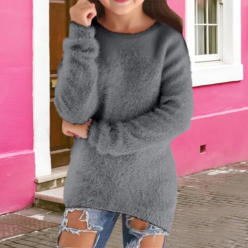 Girls' Cute Sweaters Solid Color Crewneck Long Sleeve Chunky Knit Fall Winter Pullover Warm Tops for Kids Size 5-14Y2