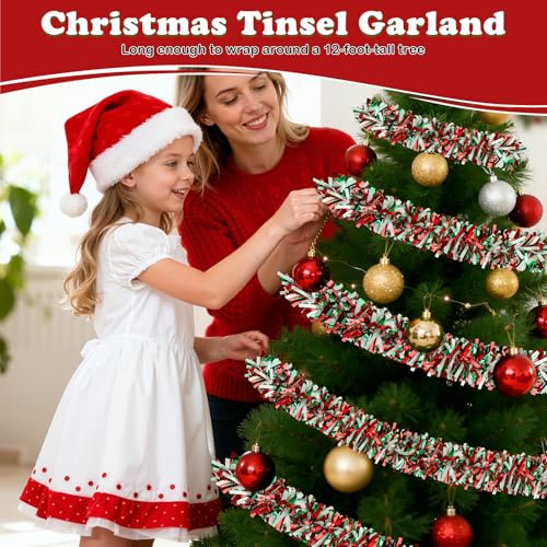 Image of 50FT Christmas Tinsel Garland, Red Green&White Metallic Twist Shiny Hanging Garland Ornaments for Christmas Tree, Party Supplies Thick Metallic Xmas Streamers