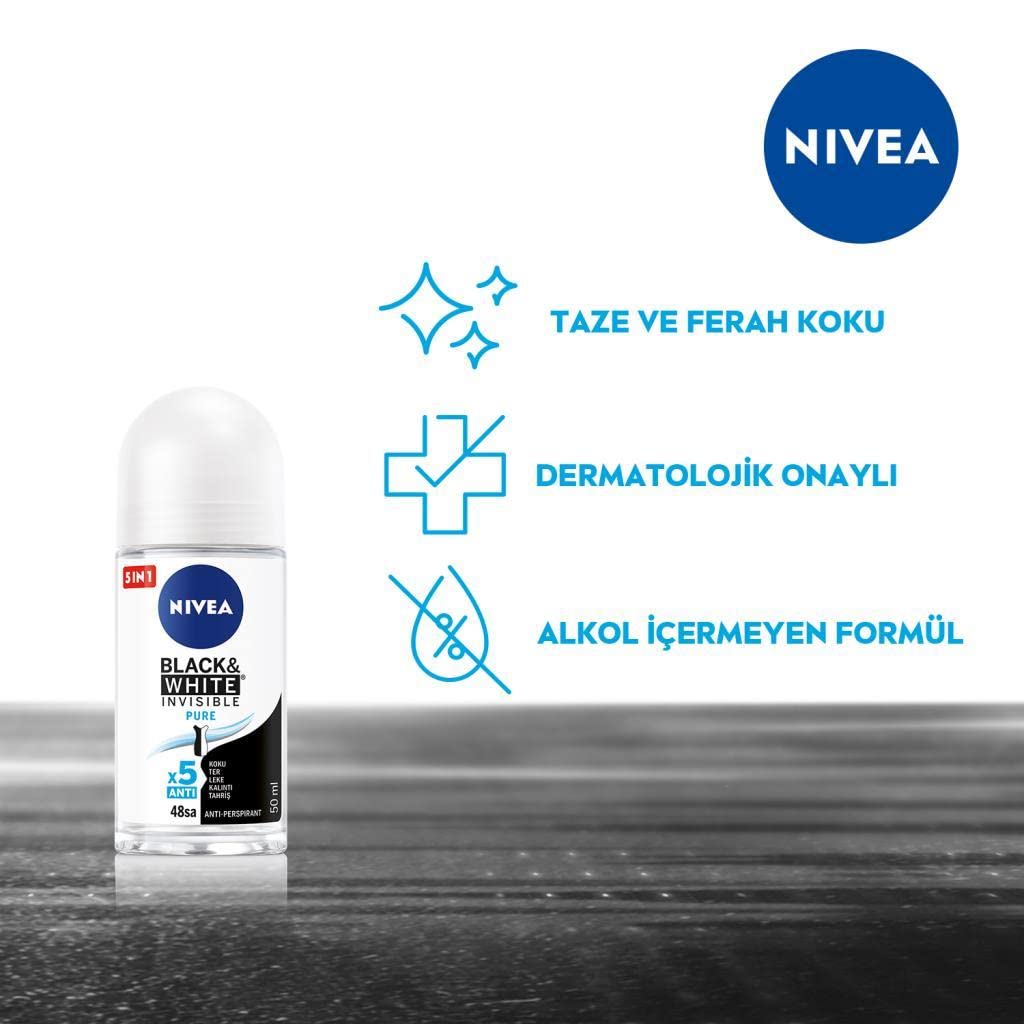 NIVEA Kadın Roll On Deodorant Black & White Invisible Pure 48 Saat Anti-perspirant Koruma (50 ml)