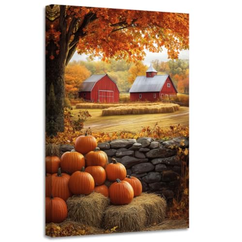 CGXLB Autumn Pumpkin Patch Wall Art Rustic Farmhouse Paintings Barn