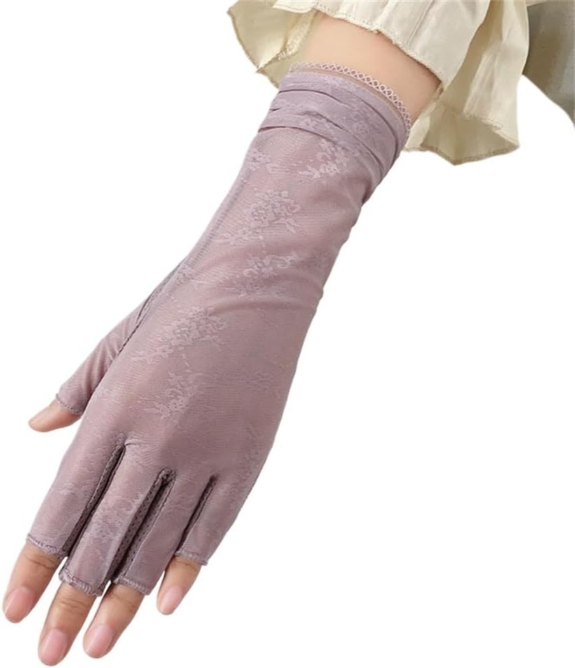 Mid length sun protection half finger gloves for women's breathable touch screen gloves