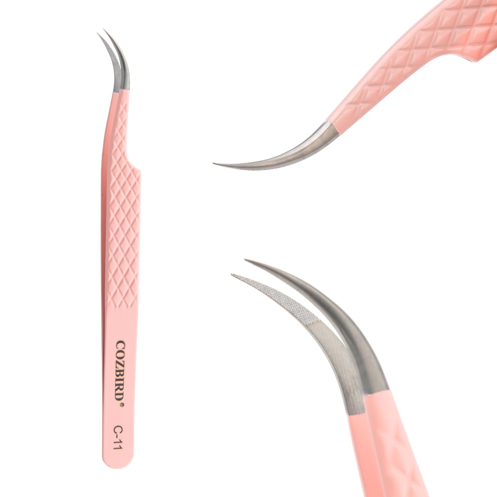 Pince à extensions de cils incurvée en acier inoxydable rose pour une isolation de précision C-11