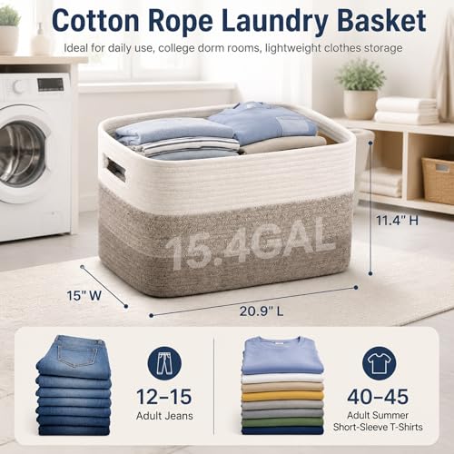 Image of Cotton Rope Laundry Basket Medium, 15.4GAL Collapsible Woven Storage Baskets for Living Room Kids Toys Stuffed Animal Boho Rectangular Decorative Short Hamper for Dirty Clothes Blankets Gradient Brown