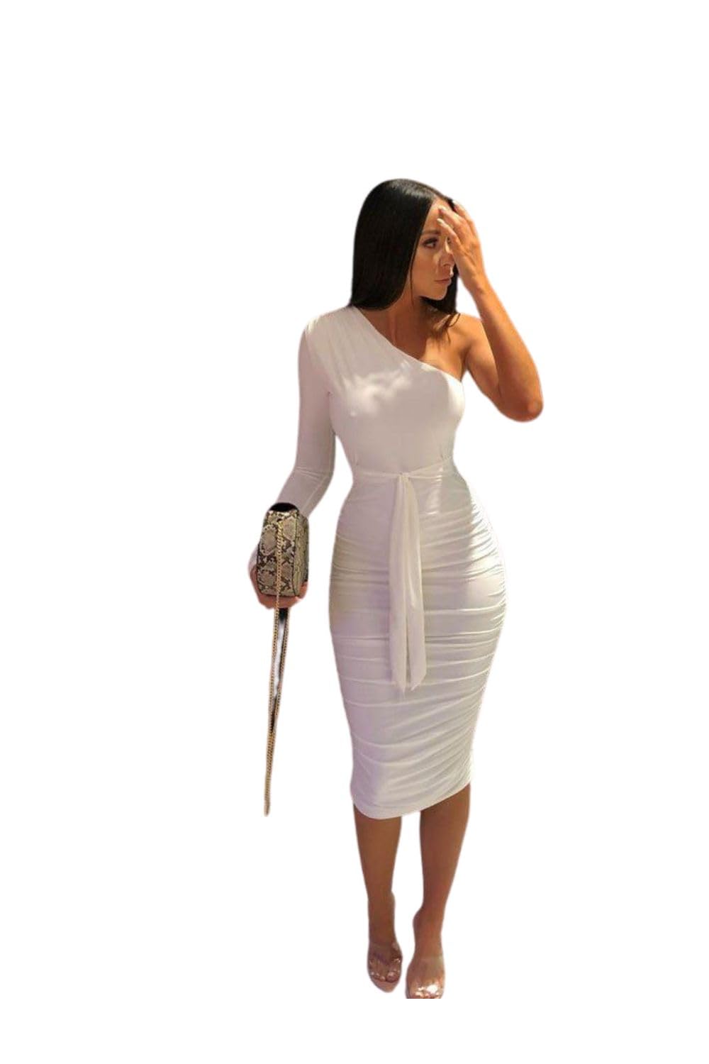 Femme Luxe One Shoulder Ruched Slinky Midi Dress - Savannah - White - 14