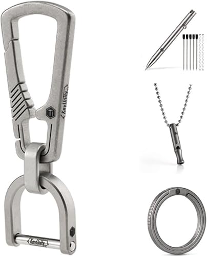 KeyUnity KM17SW Llavero mosquetón de titanio EDC con anillo D, silbato EDC de titanio KA22, herramienta de escritura de acción de perno KP00 y