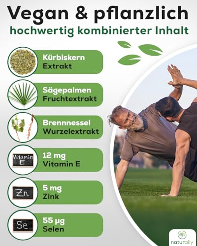 naturally Prostata Komplex Kapseln hochdosiert [120 Stück] – Sägepalmenextrakt Prostata Komplex mit Kürbiskern, Brennnessel, Vitamin E, Zink, Selen – vegan, prosta vit, Sägepalme