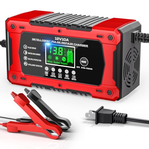 10A 12V Battery Charger for Car Fully Automatic Smart Trickle Charger & Maintainer with LCD Display, Temperature Compensation for Truck, Motorcycle, Boat, Lawn Mower