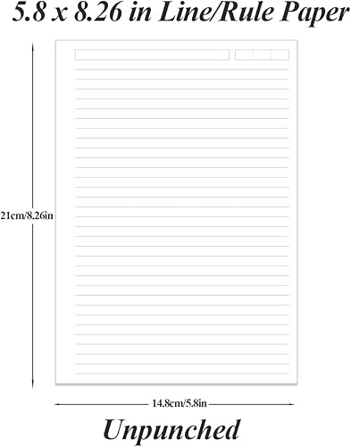 Miniatura 10 de Paquete de 4 hojas sueltas A5 para planificador, organizador, carpetas, 7 agujeros perforados, páginas blancas rayadas de 3.53 ozm, 5.8 x 8.2
