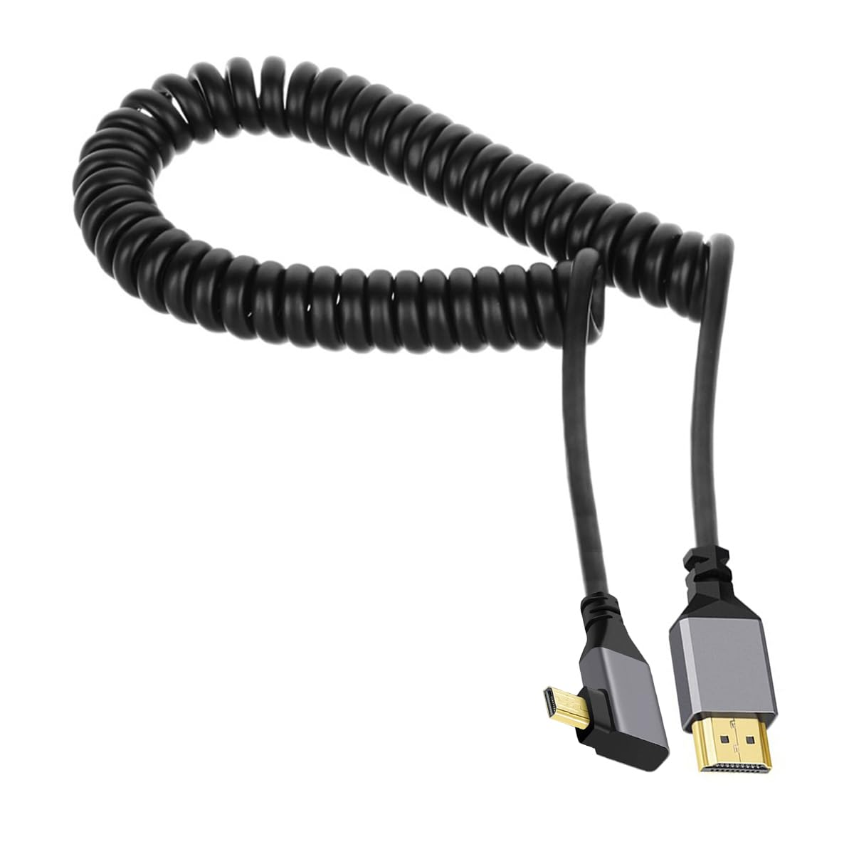 CY Micro HDMI 2.0 Male to HDMI Male 4K 60hz Stretch Coiled Cable Left Angled 90 Degree for HDTV Computer Laptop Monitor